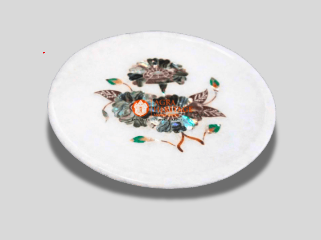 White Marble Pauashell Inlay Floral Art Kitchen Plate